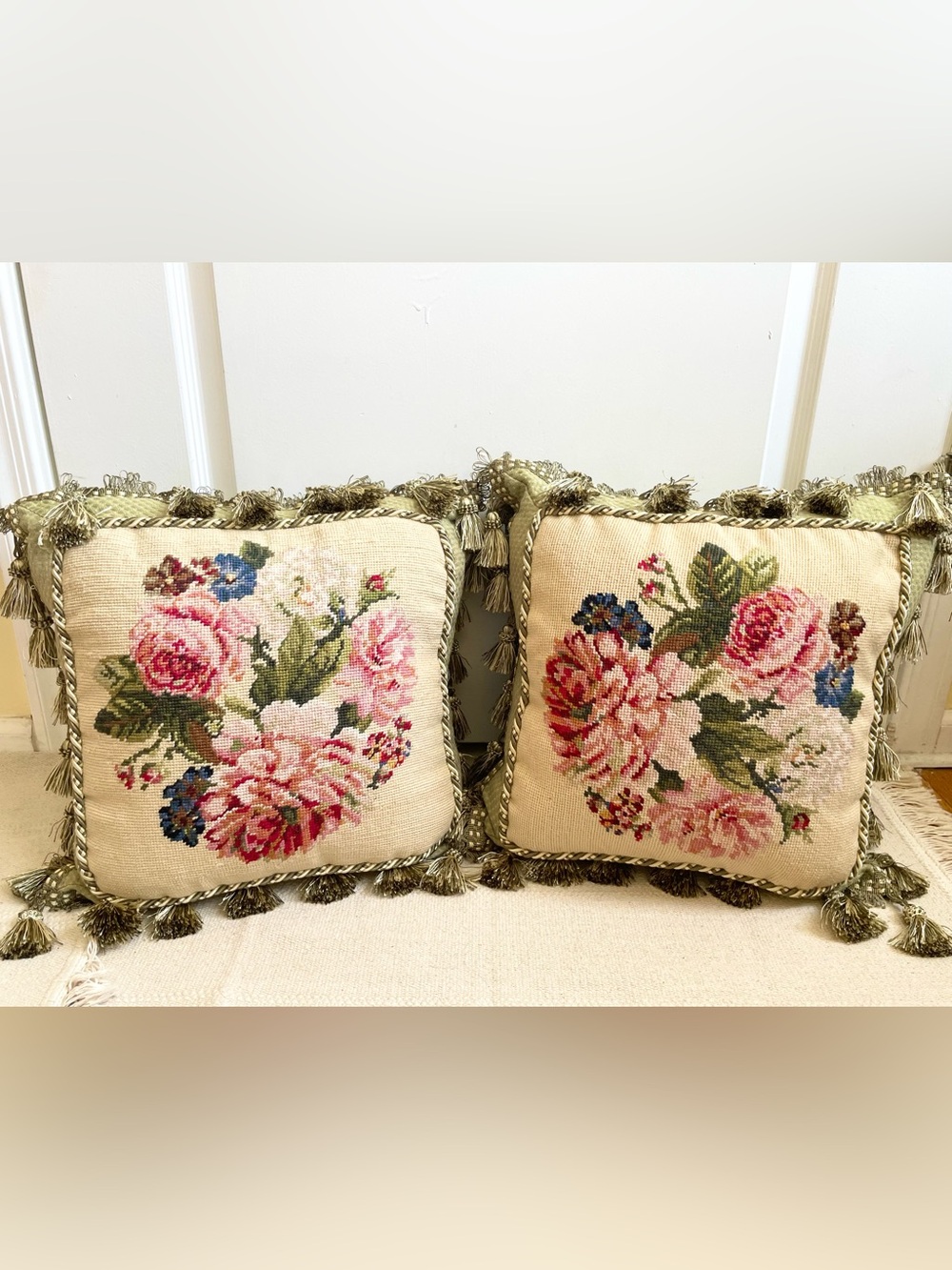 2 Vtg Needlepoint Pillows Floral Pink Roses 15” Tassels Down Filled Roping Gold